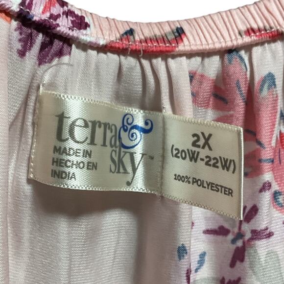 Terra Sky Blouse Tunic Women’s 2X (20W-22W) Pink Floral Print Drop Shoulder - Picture 2 of 7